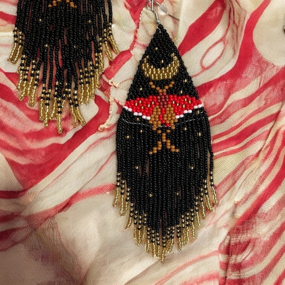 Bold Black Gold Silver Red Handmade Boho Witchy Beaded Earrings w/beaded fringe - Picture 13 of 16